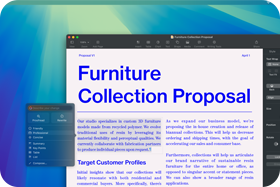 Capture d’écran d’un document en cours et Apple Intelligence faisant la démonstration des Outils d’écriture